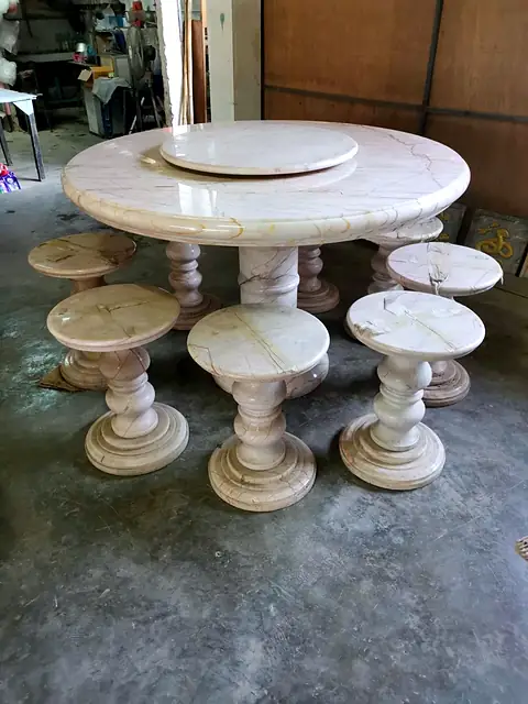 Cream marble round table and stools