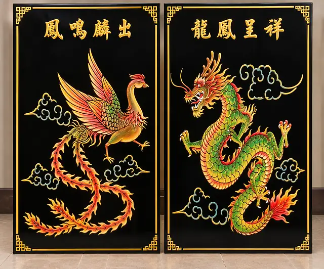 Dragon and phoenix painted on black granite plaques