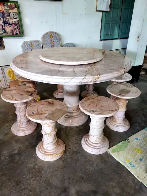 Pink-veined marble table set