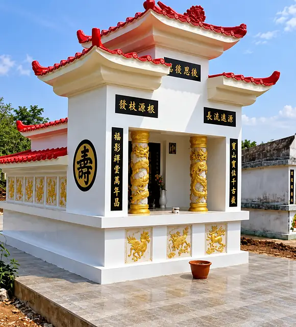 White Chinese tomb with gold dragon pillars and red roof