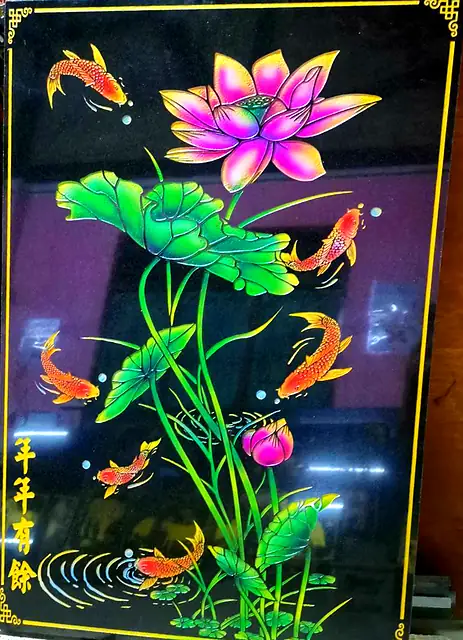 莲花锦鲤彩绘石板