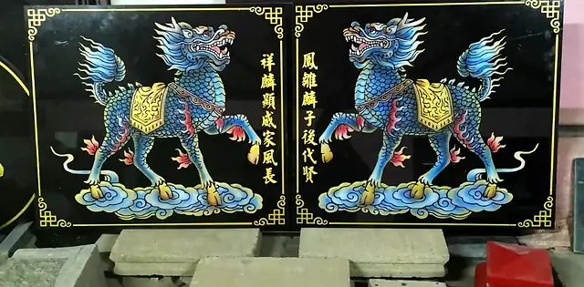 麒麟彩绘石板一对