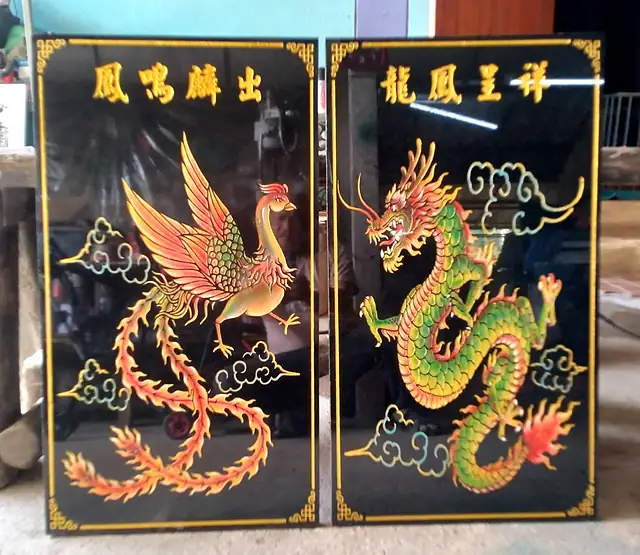 龙凤呈祥彩绘石板一对